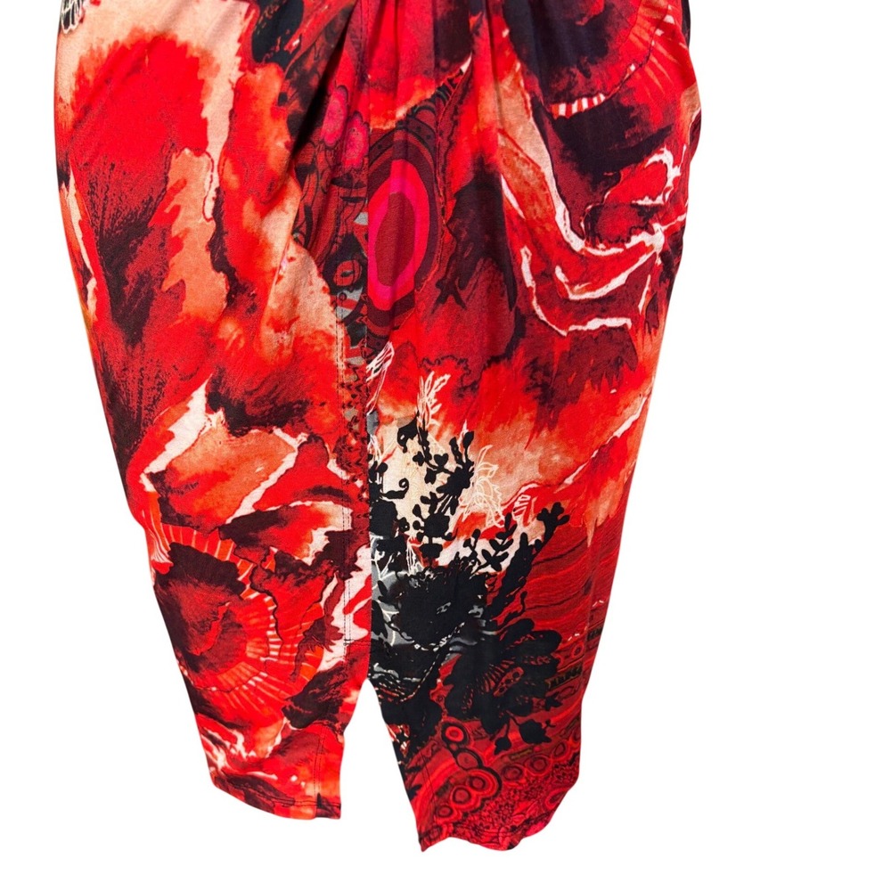 Abstract Floral Desigual Sheath Dress Twist Front Cowl Neck Size S/M Red Black - Picture 7 of 8